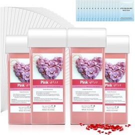 Roll On Wax, Hair Removal Wax Cartridges with Strips 50Pcs and Wax Wipes 16Pcs, Depilatory Wax Roller Refill 4 Pack, Waxing Kit for Leg, Arm, Underarm