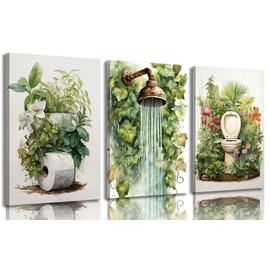 Lyizeba 3Pcs Green Botanical Bathroom Canvas Wall Art Sage Green Leaves Wall Decor pictures Flowers Watercolor Paintings Prints Artwork for Home Bathroom Decoration 16x24in