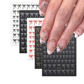Bow Nail Art Stickers Decals: 3D Black & White Gold, Silver, Red Nails for Summer Design Kit - DIY Self-Adhesive Nail Art Supplies, 5 Sheet