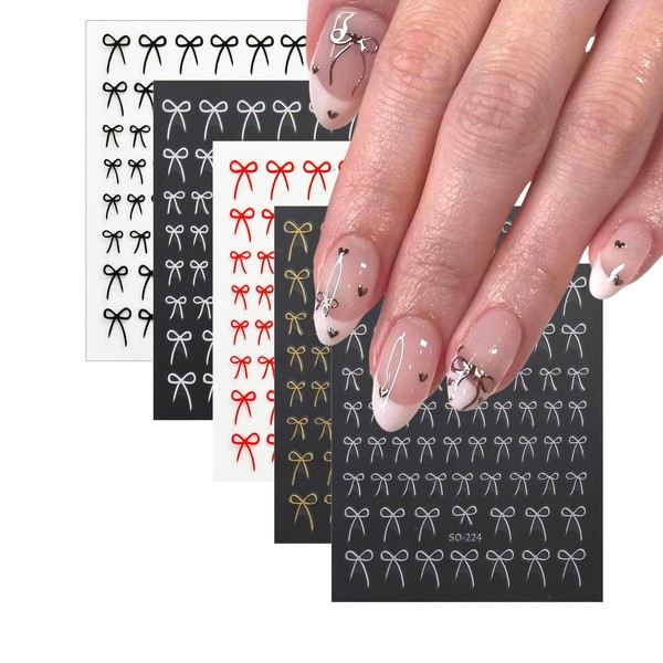 Bow Nail Art Stickers Decals: 3D Black & White Gold,