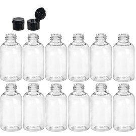 Premium Essential Oil 2 Ounce Boston Round Bottles, PET Plastic Empty Fillable BPA-Free, with Black Smooth Flip-Up Snap Caps (Pack of 12) (Clear)