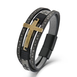 FYNSBLE Cross Bracelet for Men,Christian Leather Cross Bracelet 316 Stainless Steel Clasp Religious Cuff Wristband Jewelry for Men Father Husband