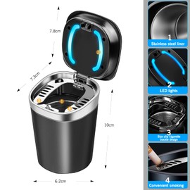 Car Ashtray, Portable Stainless Steel Ashtray Car with LED Light and Lid for Car, Home, Office