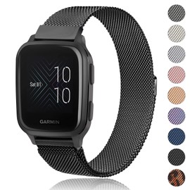 Amzpas Garmin Bracelet 20 mm for Garmin Venu/Venu 2 Plus/Venu Sq/Venu Sq 2 Music Women Men, Stainless Steel Mesh Metal Replacement Wristbands for Garmin Venu Sq 2 (Black)