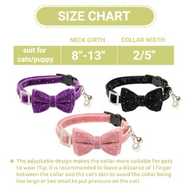 ZEEMIAS Cat Collars with Bow for Girl Boy Cats - Bow Tie Bling Cute Breakaway Cat Collars - Adjutsable Rhinestones Pink Black Purple Cat Collars with Bell
