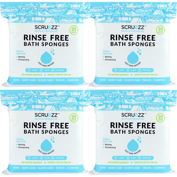 Scrubzz Disposable No Rinse Bathing Wipes - All-in-1 Single Use Shower Wipes, Simply Dampen, Lather, and Dry Without Shampoo or Rinsing (Unscented, 4-Pack)