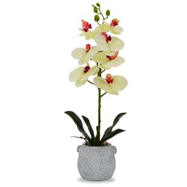 CLOVERIZ Artificial Orchid Flowers – Realistic Faux Orchids in Stone-Like Pots for Home & Office Decor, 8 Blooms (Lemon)