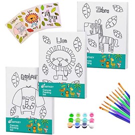 Artkey Pre Drawn Canvas for Painting for Kids, 5 x 7” Printed Canvas to Paint Canvas Set, Pack of 39 - 3 Stretched Canvas, 24 Acrylic Paint Pots, 9 Paintbrushes, 3 Renderings (Lion, Zebra, Elephant)