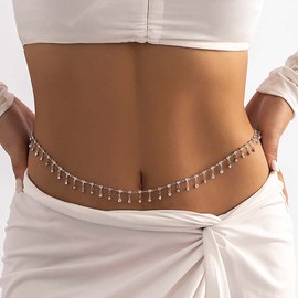 Chaioe Rhinestone Belly Chain Silver Crystal Belly Waist Chains Tassel Belt Body Chain Jewelry for Women and Girls
