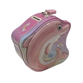 Spardose aus Metall für Kinder mit lustigen Designs, Spardose mit Schloss und Schlüssel für Jungen und Mädchen (Delfin Rosa)
