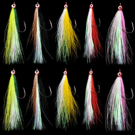 Fishing Bucktail Teasers Hook - 10pcs Bucktail Jigs Saltwater Clouser Minnow Fishing Flies Fishing Teaser Hook Lures Jig Crystal Flash for Catfish Cod Flounder Teasers Jig Saltwater 5 Colors