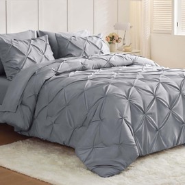 JOLLYVOGUE Queen Comforter Set 7 Pieces - Bed in a Bag Queen for All Season, Pintuck Bedding Comforter Sets with Comforter, Flat Sheet, Fitted Sheet and Pillowcases & Shams, Light Grey