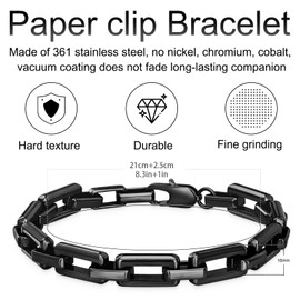 LUCKY2+7 Bracelets for Men,Black Stainless Steel for Men Bracelets,Trendy Paperclip Short Bracelet Gifts for Husband Father Friends (Glossy black)