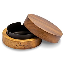 Ordisy Ashtray Wooden with Lid, Stainless Steel with Lid, Tabletop, Airtight, Stylish, Black 3.9 inches (10 cm) Length
