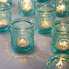 TripodBird 12 PCS Vintage Candle Holders - Glass Candle Holder- Turquoise tealight Candle Holders, Votive Candle Holders Bulk for Gift, Home/ Office/ Table/ Room Decor Aesthetic Vintage, Festival