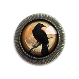 Orange Crow Or Raven Silhouette On Full Moon Brooch