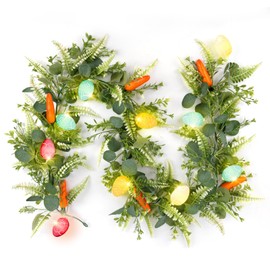 N&T NIETING Easter Garland for Spring Decoration 6FT Easter Artificial Garlands with 10 Glowing Easter Eggs & 6 Carrots, Fern Wreath Vine for Home Kitchen Fireplace Indoor Outdoor Holiday Party