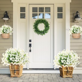 Artificial Flowers for Outdoors 12 Bundles Realistic Faux Plants UV Resistant Fake Silk Morning Glory with Eucalyptus for Front Door Planter Patio Porch Outside Spring Summer Decoration (White)