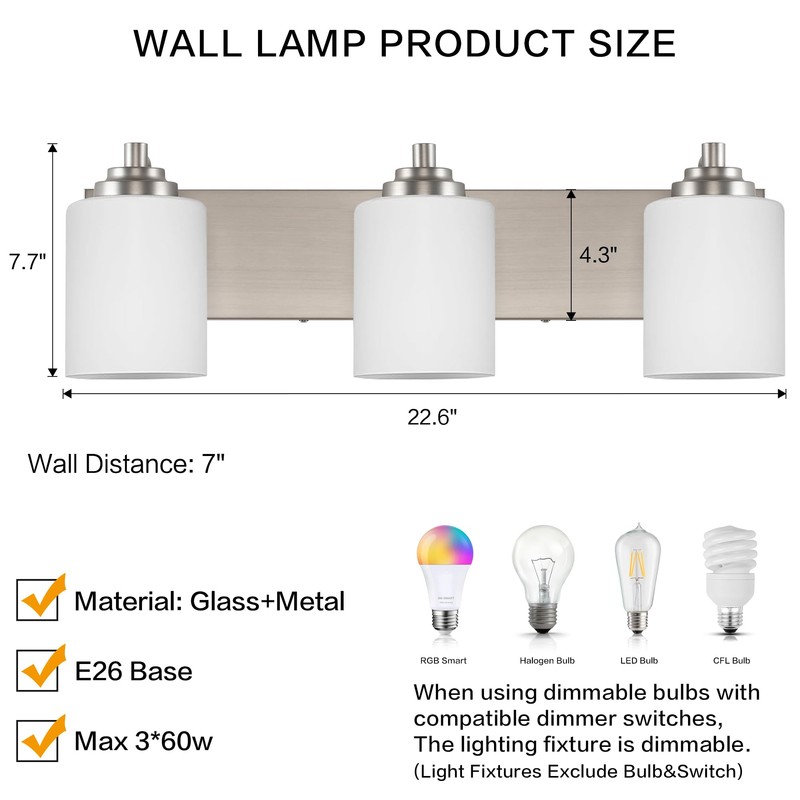 SOLFART Modern Brushed Nickel 3 Light Vanity Sconces for Bathroom,