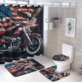 HDESDIS 4Pcs American Flag Motorcycle Shower Curtain Set with Rugs, Toilet Lid Cover and Bath Mat, Cartoon Eagle Motorbike Bathroom Curtains Decor Shower Curtains, 72" x 72"