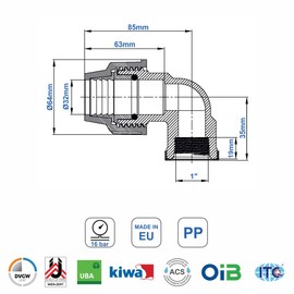 SmartProduct SmartProduct PP Winkel 90 grad mit Innengewinde 32mm x 1 Zoll Verschraubung für PE Rohr PN16 DVGW Trinkwasser zertifiziert – 32 mm Klemmverbinder Kupplung für PE80 PE100 Rohren - 2 Stück
