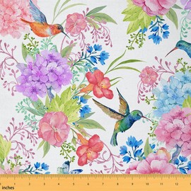 Hummingbird Fabric by The Yard, Yellow Butterfly Flowers Decor Fabric by The Yard, Wild Animals Birds Upholstery Fabric, Pink Floral Watercolor Fresh Nature Indoor Outdoor Fabric, 1 Yard