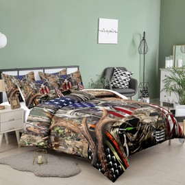 Tailor Shop American Flag Comforter Set for Boys Teens Jungle Western Adventure Hunting Wood Skull Deer Comforter American Flag Bedding Sets Full Size with 1 Comforter 2 Pillowcases…