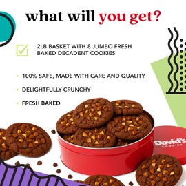 David's Cookies Fresh Baked Decadent Jumbo Almond Gourmet Cookies – 2lb Gift Basket Tin with 8 Large Almond Cookies – Bakery-Style Soft and Chewy Dessert for Holidays, Birthdays, Thank You Gifts