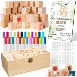 ELESTONE 119 PCS Baby Shower Blocks Game Set with Wooden Box and Decorative Square Sign, 44 DIY Blank Wooden Blocks, 24 Colored Markers, 49 Stencils, Unique Baby Shower Ideas Activities for Guests