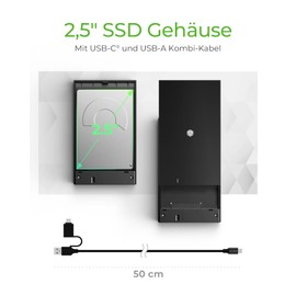 ICY BOX USB-C Hard Drive Enclosure for 2.5 Inch SSD/HDD with USB 3.0 (5 Gbps), External SATA Enclosure, Toolless, SSDs up to 9 mm Height, USB-A Adapter, IB-200T-C3, Black