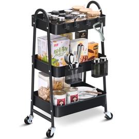 KINGRACK 3-Tier Rolling Cart, Mobile Utility Cart with Handle and Lockable Wheels, Storage Shelves Organizer Cart with 2 Hanging Bins 4 Hooks for Bathroom, Kitchen, Office, Black
