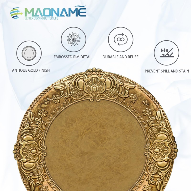 MAONAME 13" Antique Gold Charger Plates, Plate Chargers with Embossed