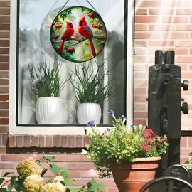 RIVEENY Stained Glass Cardinal Suncatchers, Male & Female Cardinal Sun Catcher Window Hangings, Cardinal Stained Glass for Home Decor, Red Birds Suncatchers Gifts for Mom Women 20cm/7.87inch