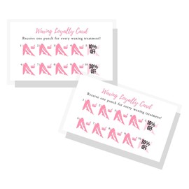 Waxing Loyalty Discount Punch Card | 50 Pack | Size 2 x 3.5” inches Business Card Size | Wax Skin Business Estheticians | White Card with Pink Icons Design