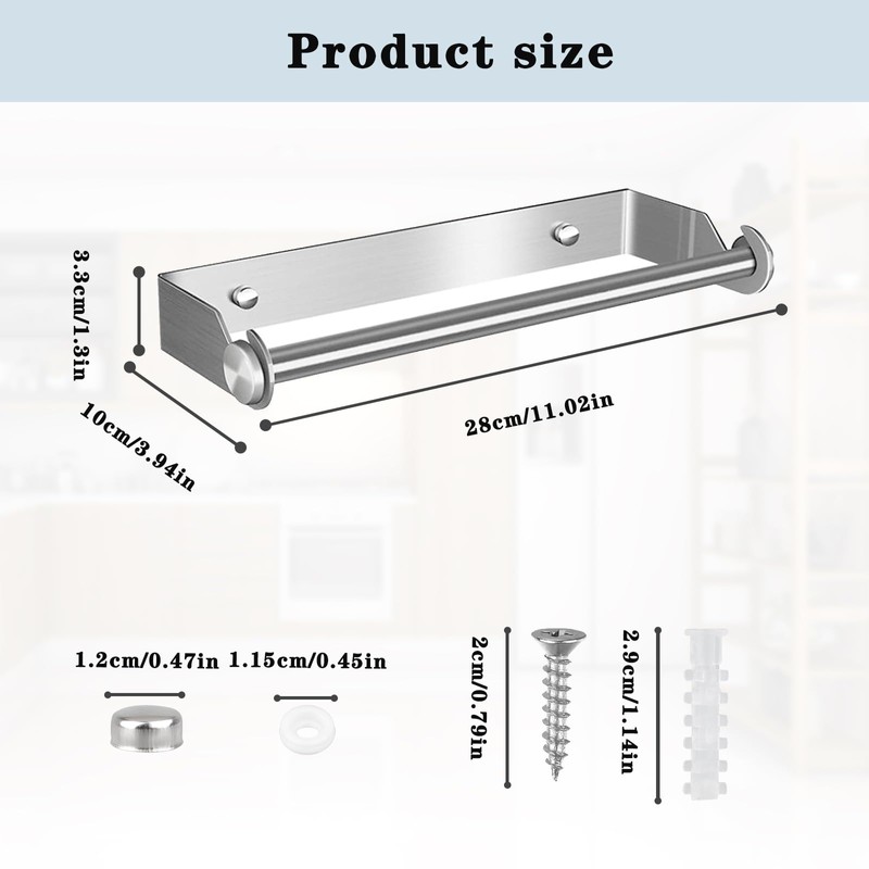 Wall Kitchen Roll Holder, 28 cm, Stainless Steel, Kitchen Roll