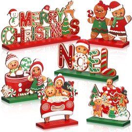 Blosssound 6 Pcs Christmas Wooden Table Decorations Gingerbread Man Table Signs Merry Christmas Noel Hot Cocoa Gingerbread House Candy Cane Table Centerpieces for Xmas Holiday Table Top Decor