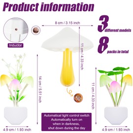 8 Pieces Mushroom Night Light Plug in Mushroom Light LED Night Light Mushroom Decor Aesthetic Water Plant Lotus Leaf Cute Night Lights 7 Color Changing Sensor Wall Lamp for Adults Kids Nursery Room