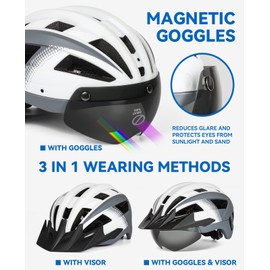 FUNWICT Adult Bike Helmet with Visor and Goggles for Men Women Mountain Road Bicycle Helmet Rechargeable Rear Light Cycling Helmet (M: 54-58 cm (21.3-22.8 inches), White Grey)
