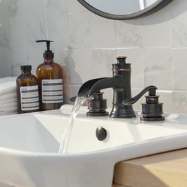 BATHLAVISH Bathroom Faucet 3 Hole Oil Rubbed Bronze for Sink Waterfall Widespread 8 Inch 2 Handle Farmhouse with Pop Up Drain with Overflow Vanity Basin Lavatory Commercial & Parts