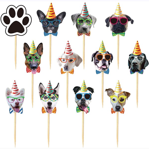 24 PCS Dog Face Cupcake Toppers Dog Cake Topper Puppy Birthday Garland Pet Theme Party Cake Decorations Supplies
