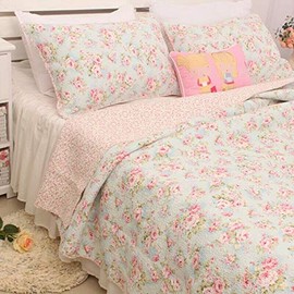 3 PCS Shabby Chic Country Cottage Floral Bedspread Quilt Coverlet Patchwork 100% Cotton Light Blue Queen Size
