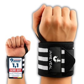 JAMIE VIDAL® [Test Winner Wrist Bandages 60 cm [Premium] Wrist Wraps for Fitness, Weight Sports, Bodybuilding, Crossfit, Wrist Brace Strong Wrist Support for Men and Women (White Black)