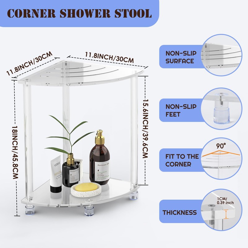 Cilinta Corner Shower Stool, Clear Acrylic Shower Bench for Shaving