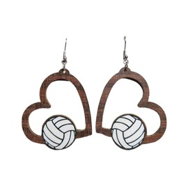 Wooden Football Soccer Baseball Basketball Volleyball Leopard Print Earrings Boho Sports Game Teardrop Heart Round Shape Drop Dangle Earrings for Women Sports Jewelry Gift-heart volleyball