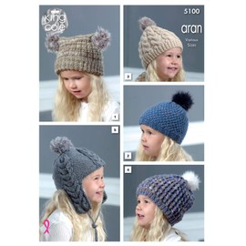King Cole 5100 Knitting Pattern Childrens Hats in King Cole Merino Blend Aran and Fashion Aran