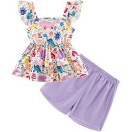 Akyzic Baby Girls Summer Outfits Dinosaurs Ruffle Sleeveless Tops Shirt and Casual Shorts Toddler Girls 2 Pcs Dino Short Sets Clothes 2021-7T
