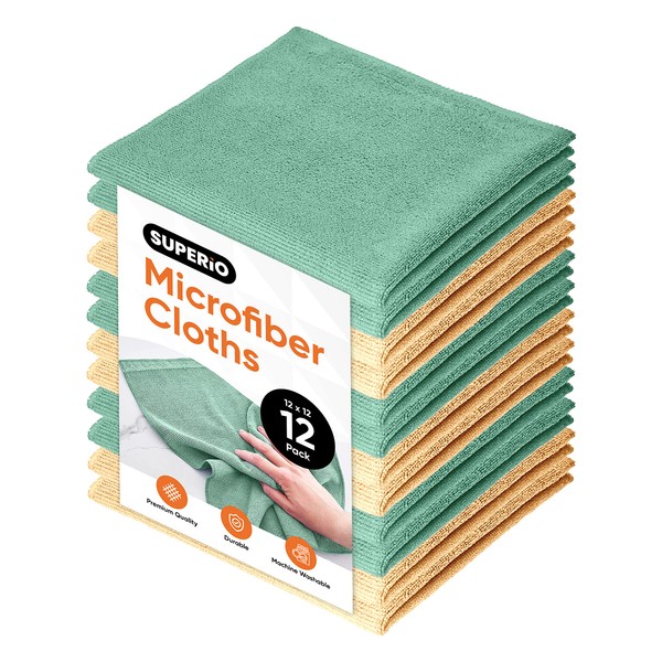 Microfiber Cleaning Cloth for Cars, Kitchen, Bathroom 12x12 Miracle Cloth, Lint Free Rags for Cleaning House, Washable Reusable, No Detergents Needed, Scratch & Streak Free, 12 Pack (Green/Yellow)