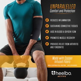 Heelbo Elbow Sleeve and Elbow Compression Sleeve with Copper Infused Fibers and Breathable Fabric for Tendonitis, Golfers Weight Lifting, Tennis Elbow or Arthritis for Men and Women, Black, Large