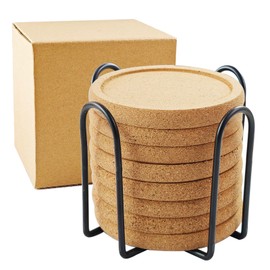 HILELIFE Cork Coasters for Drinks, Coaster Set of 8 Pcs with Holder, Blank Cork Coasters for Crafts, Reusable Drink Coasters