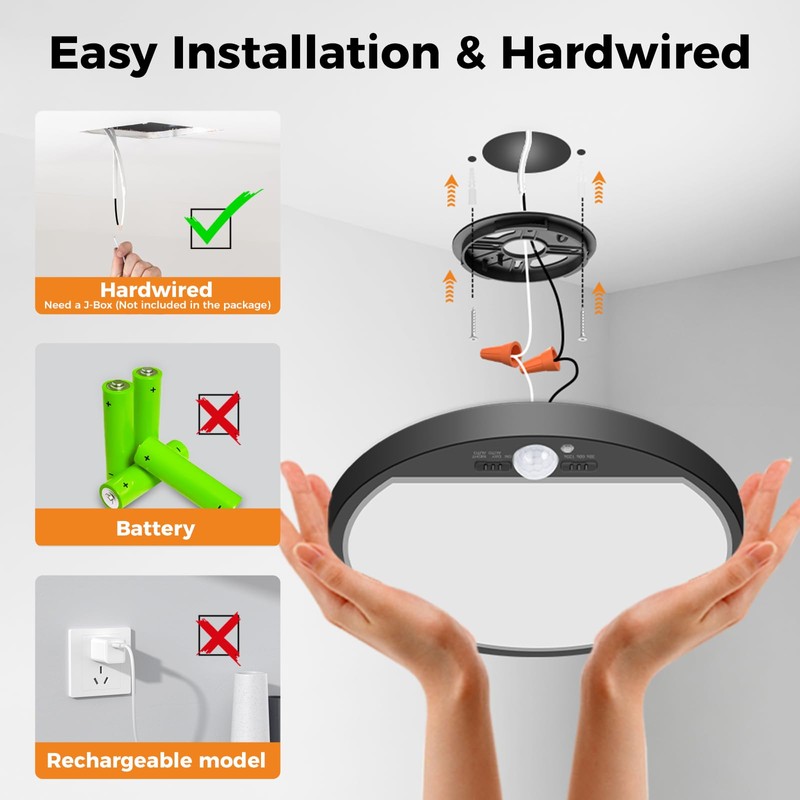 Slochi Motion Sensor Ceiling Light Wired, 3000K/4000K/6500K Selectable LED Flush